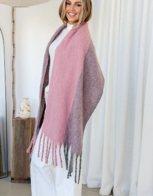 Snuggly Stripe Tassel Scarf - Pink/Grey Ombre