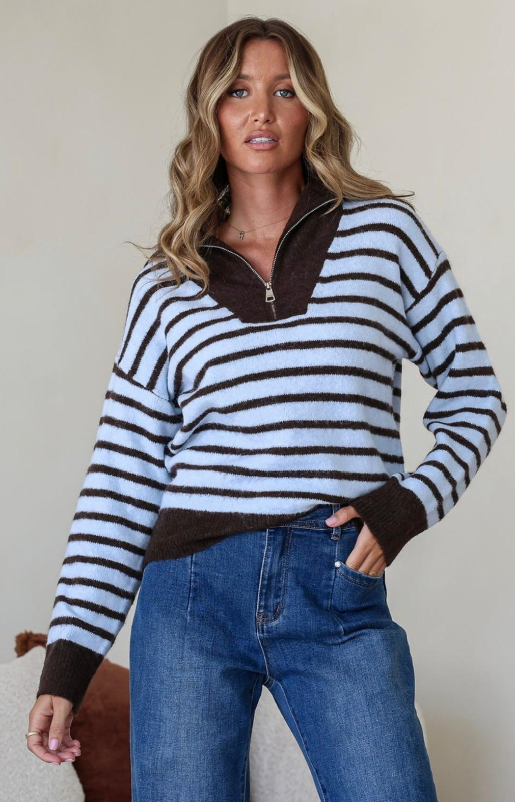 Wool Blend Stripe Zip Knit - Chocolate/Blue