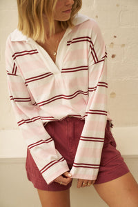 Shelby Slouchy Rugby Top - Sunfaded Pink/Mulberry Stripe. Ceres Life
