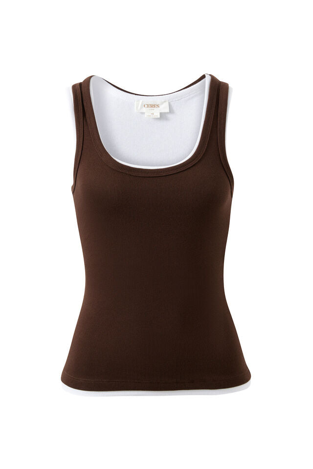 Skylar Layered Rib Tank - Choc/White. Ceres Life