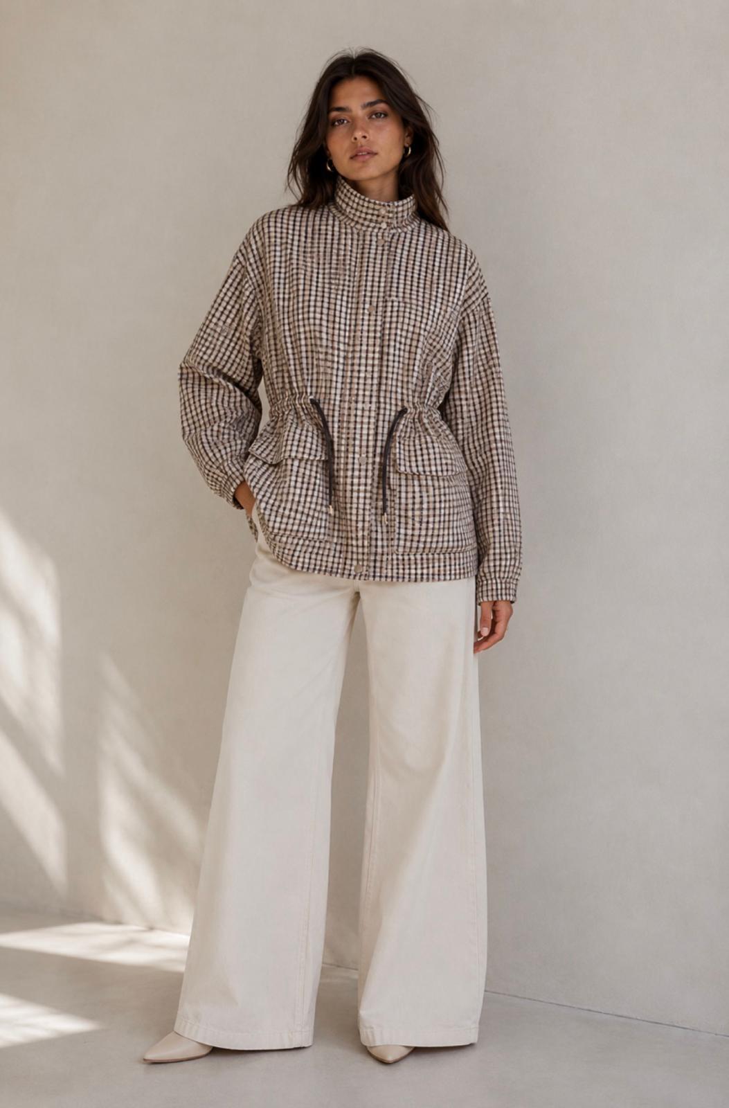 Springtime Check Drawstring Spray Jacket - Navy/Tan. Sare Store