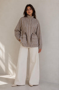 Springtime Check Drawstring Spray Jacket - Navy/Tan. Sare Store