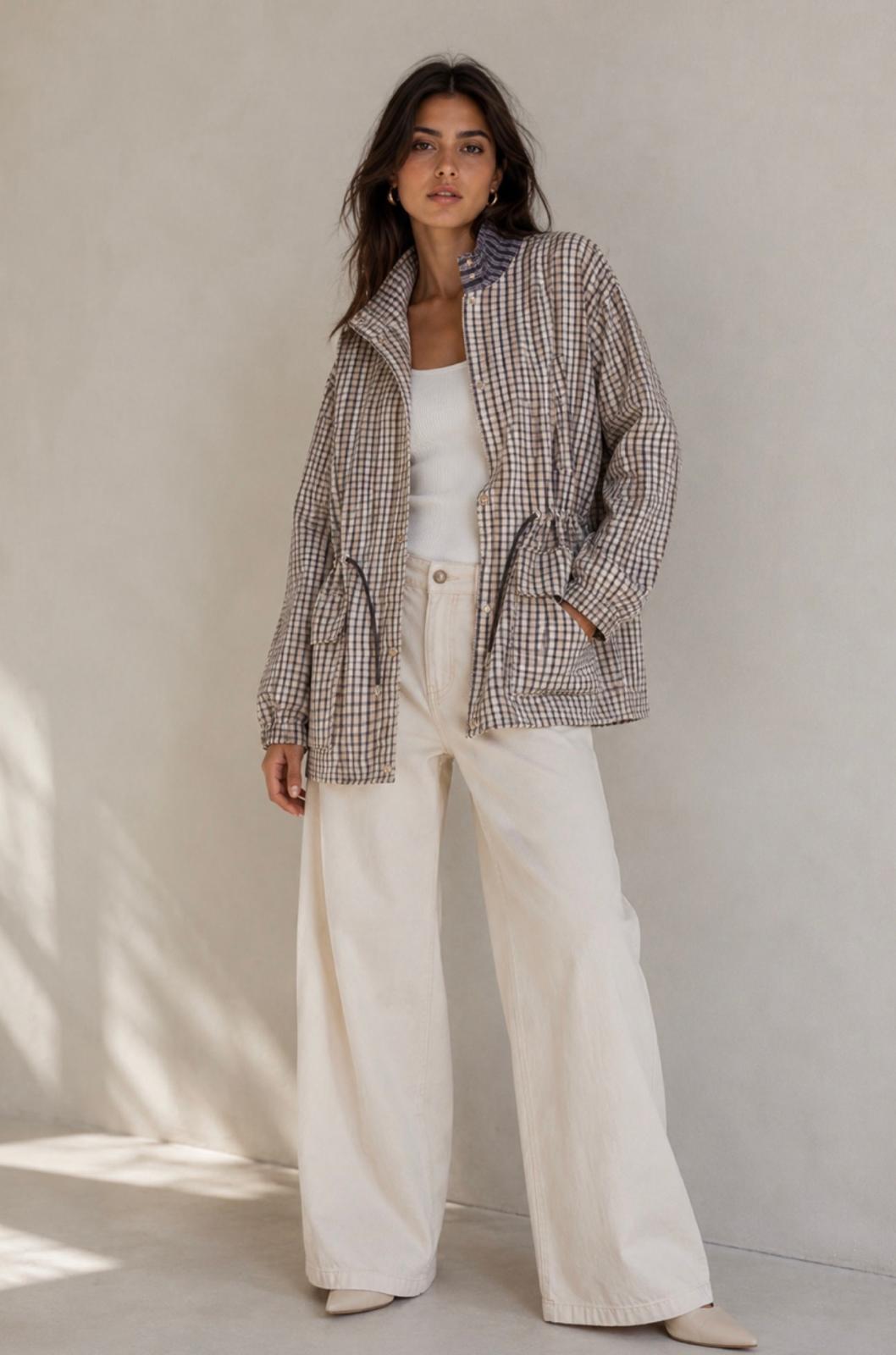 Springtime Check Drawstring Spray Jacket - Navy/Tan. Sare Store