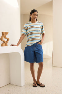 Stevie Slouchy Tee - Butter/Toffee/Fresh Blue Stripe. Ceres Life
