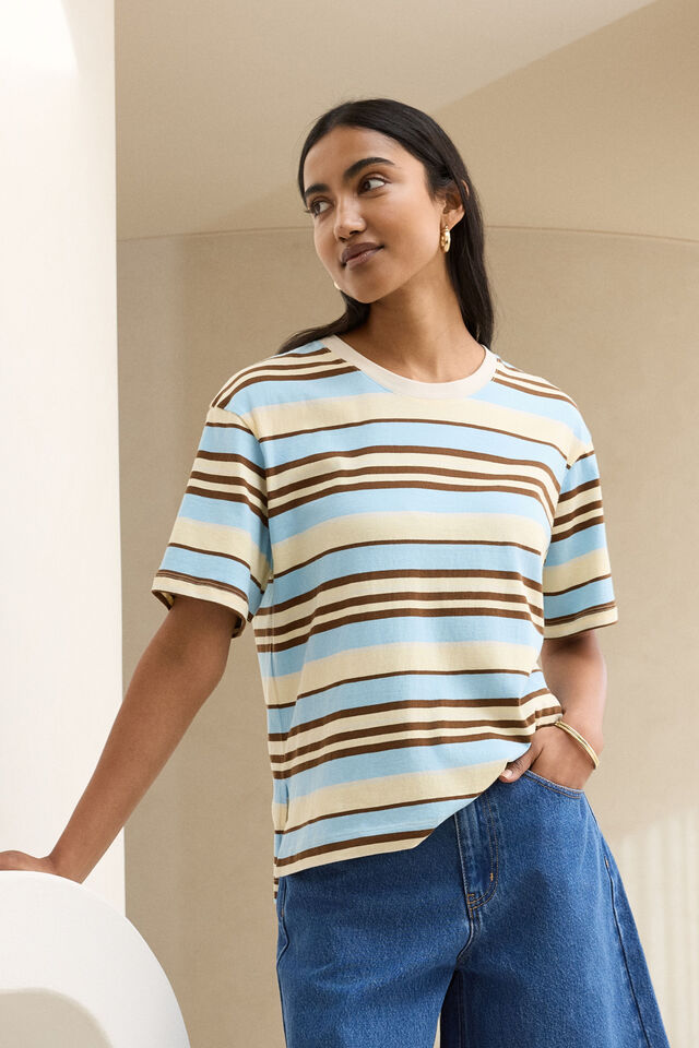 Stevie Slouchy Tee - Butter/Toffee/Fresh Blue Stripe. Ceres Life