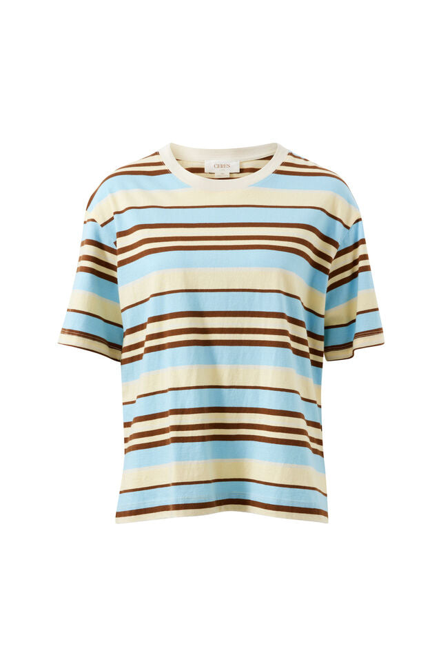 Stevie Slouchy Tee - Butter/Toffee/Fresh Blue Stripe. Ceres Life
