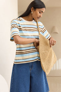 Stevie Slouchy Tee - Butter/Toffee/Fresh Blue Stripe. Ceres Life