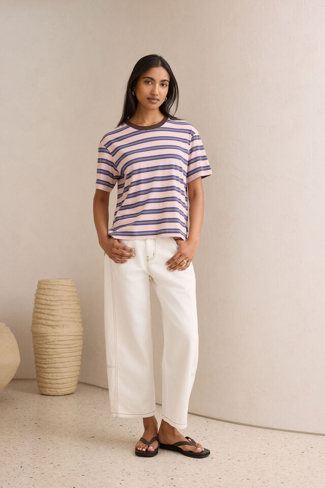Stevie Slouchy Tee - Chalk PinkPolo BlueChoc Stripe. Ceres Life