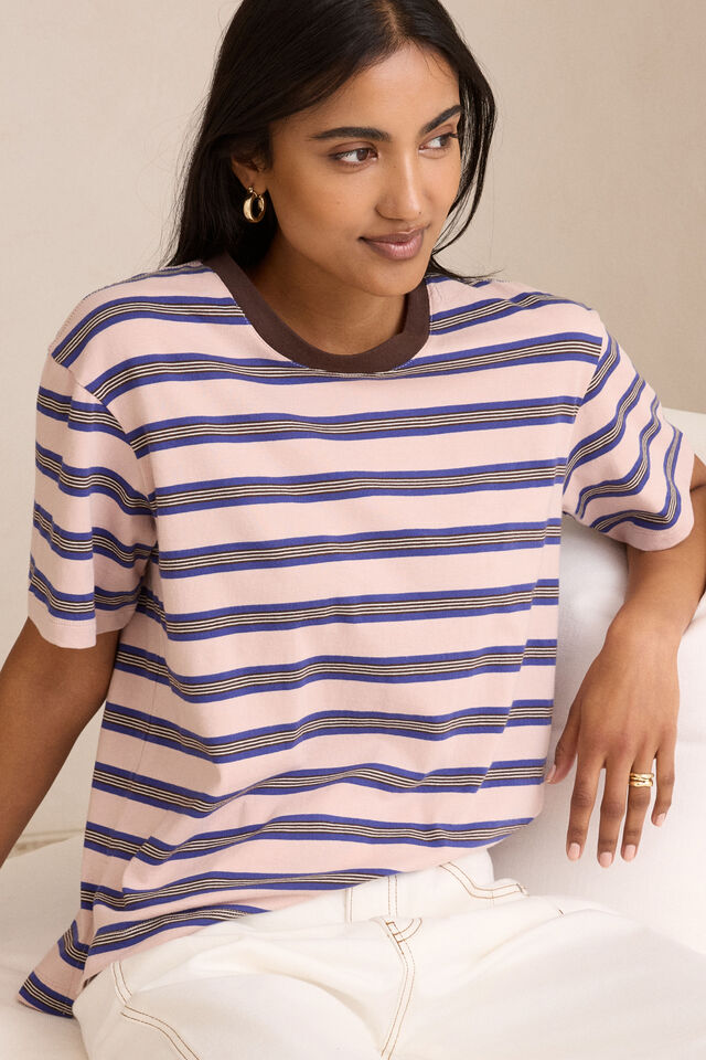 Stevie Slouchy Tee - Chalk PinkPolo BlueChoc Stripe. Ceres Life