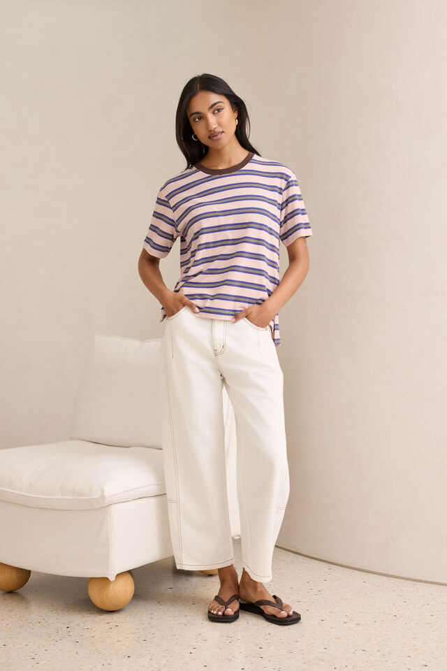 Stevie Slouchy Tee - Chalk PinkPolo BlueChoc Stripe. Ceres Life