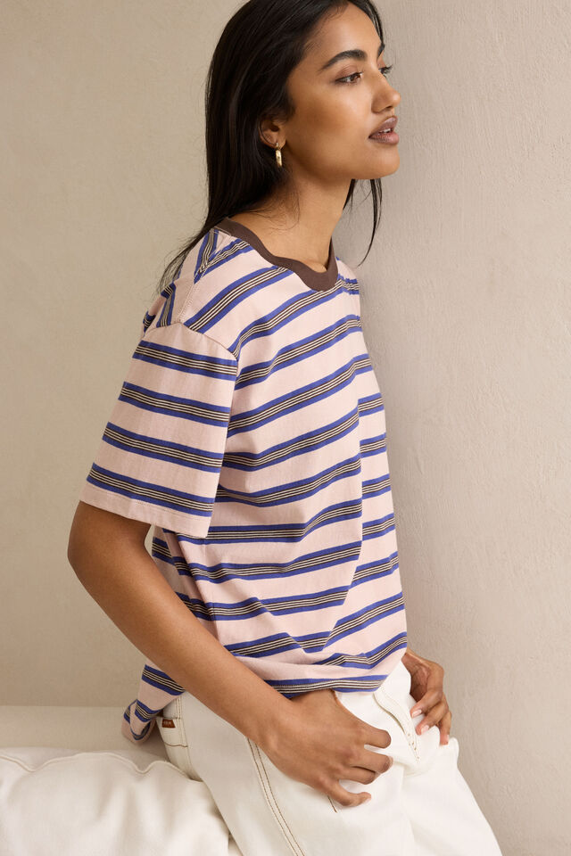 Stevie Slouchy Tee - Chalk PinkPolo BlueChoc Stripe. Ceres Life