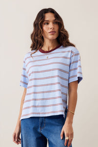 Stevie Slouchy Tee - China Blue/Mulburry White Stripe. Ceres Life