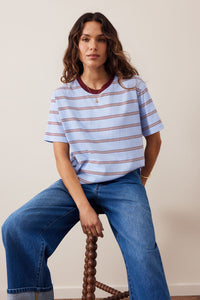 Stevie Slouchy Tee - China Blue/Mulburry White Stripe. Ceres Life
