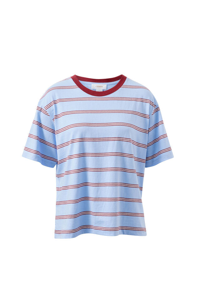 Stevie Slouchy Tee - China Blue/Mulburry White Stripe. Ceres Life