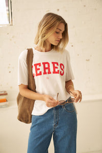 Stevie Slouchy Tee - White Chili Red Varsity. Ceres Life