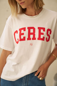 Stevie Slouchy Tee - White Chili Red Varsity. Ceres Life