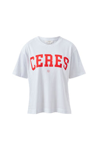 Stevie Slouchy Tee - White Chili Red Varsity. Ceres Life