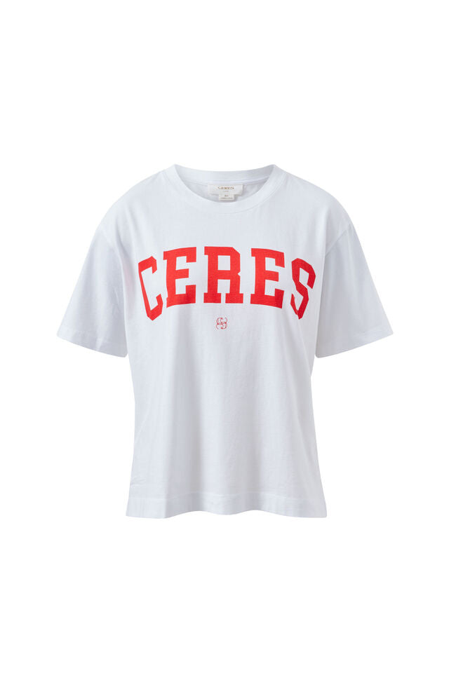 Stevie Slouchy Tee - White Chili Red Varsity. Ceres Life