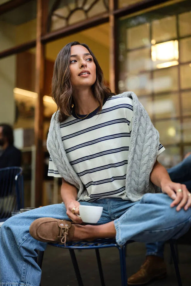 Stevie Slouchy Tee MilkHeritage Navy Stripe. Ceres Life