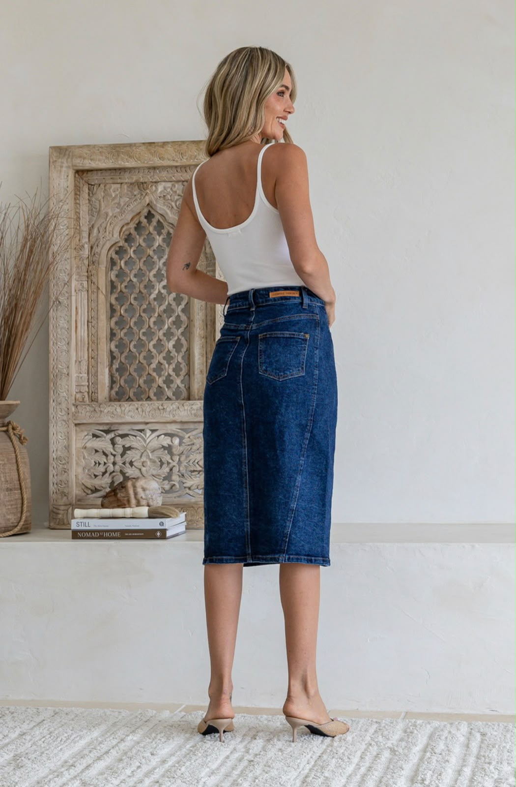 Stretch Denim Split Front Skirt - Dark
