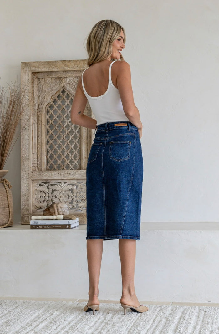 Stretch Denim Split Front Skirt - Dark