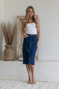 Stretch Denim Split Front Skirt - Dark