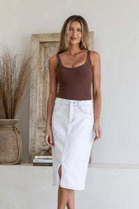 Stretch Denim Split Front Skirt - White