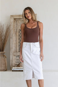 Stretch Denim Split Front Skirt - White