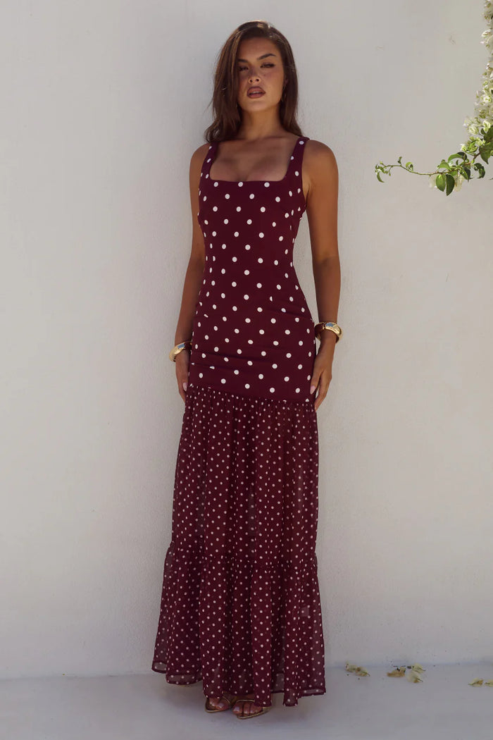 Tillie Sheer Bottom Maxi Dress - Wine/White Polka
