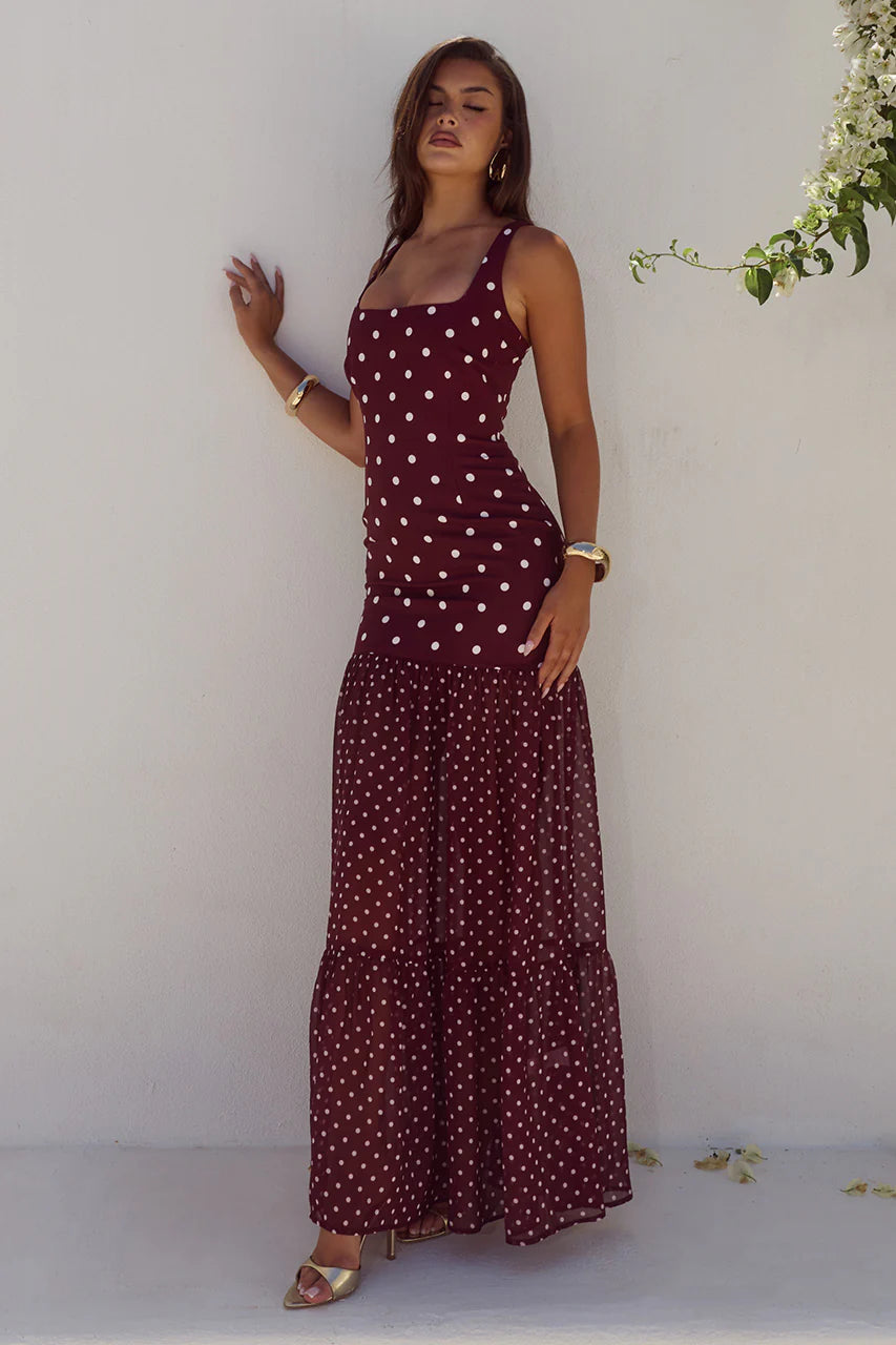 Tillie Sheer Bottom Maxi Dress - Wine/White Polka