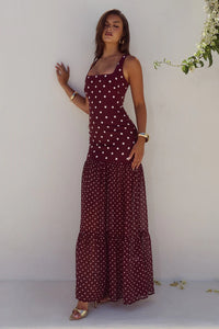 Tillie Sheer Bottom Maxi Dress - Wine/White Polka