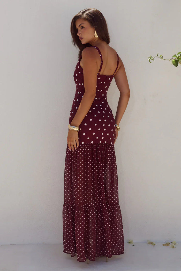 Tillie Sheer Bottom Maxi Dress - Wine/White Polka
