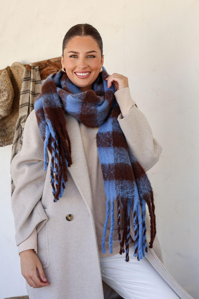 Chunky Check Tassle Scarf - Blue/Chocolate