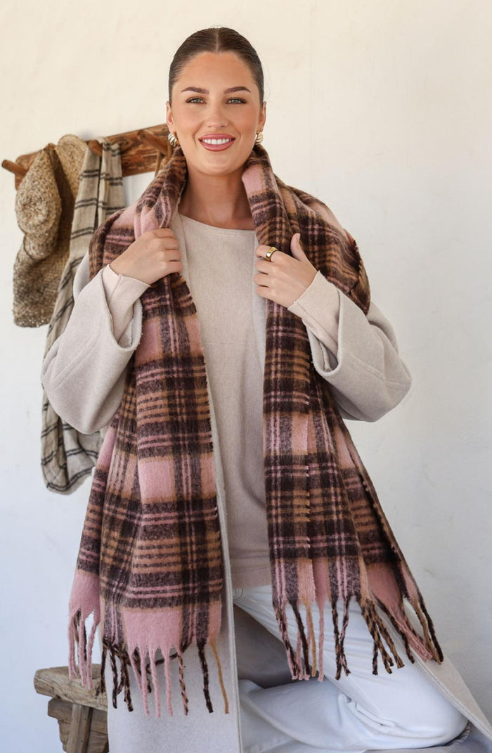 Chunky Check Snuggly Scarf - Pink/Chocolate