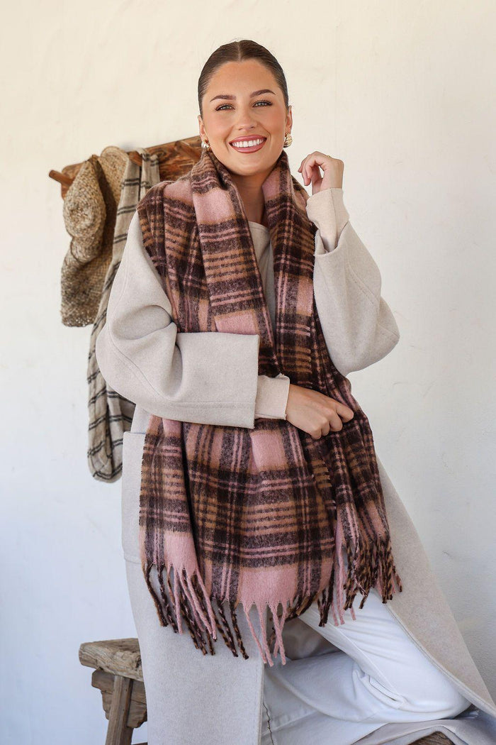 Chunky Check Snuggly Scarf - Pink/Chocolate