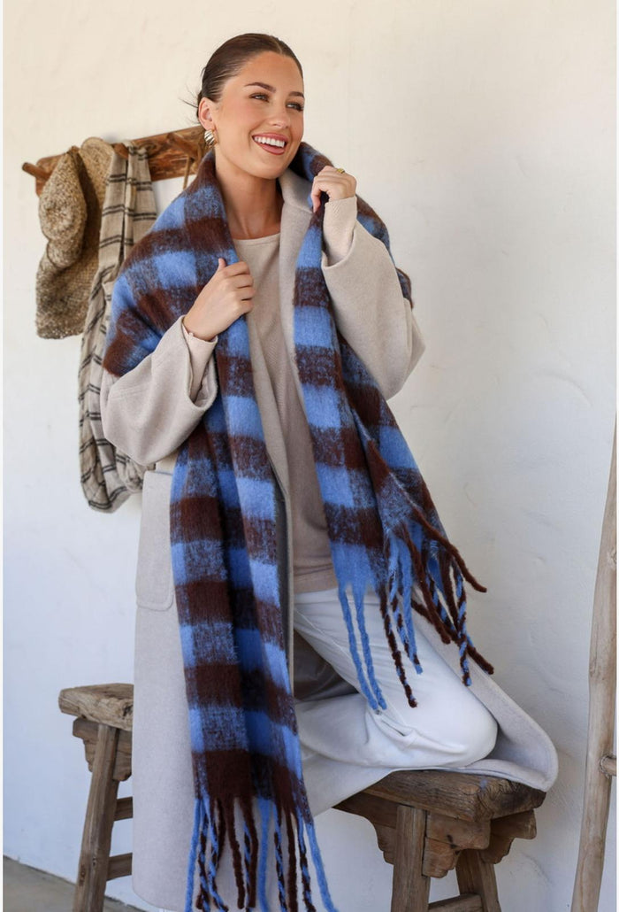 Chunky Check Tassle Scarf - Blue/Chocolate