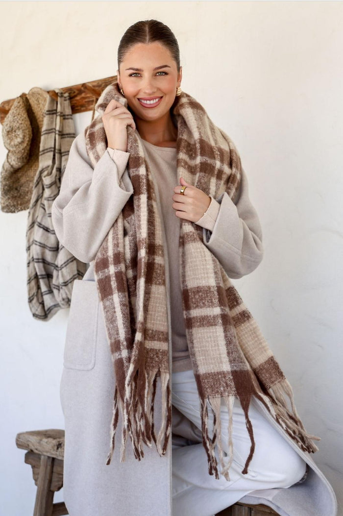 Brown Check Scarf With Tassels