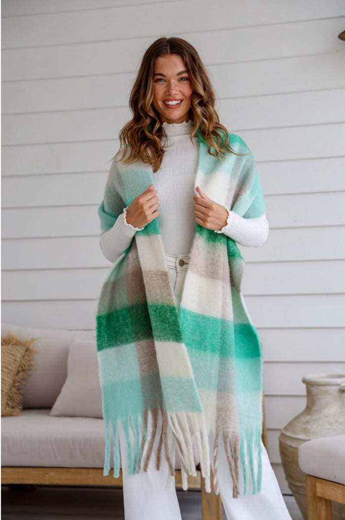 Green Knit Check Scarf With Tassels