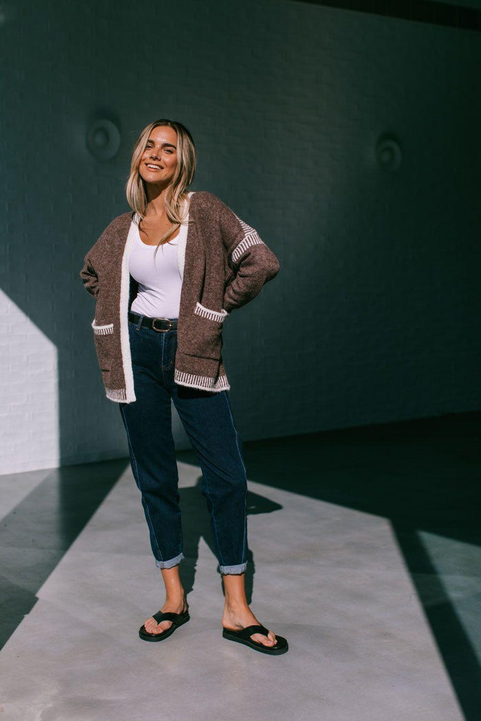 Contrast Stitch Pocket Cardi - Chocolate