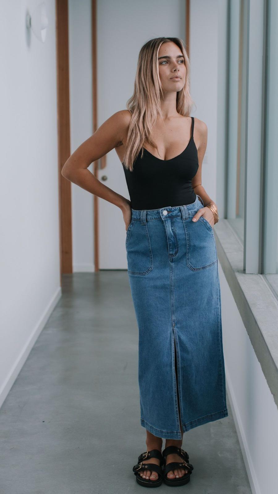 Stretch Split Front Denim Skirt