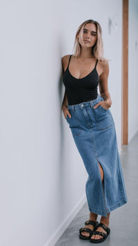 Stretch Split Front Denim Skirt