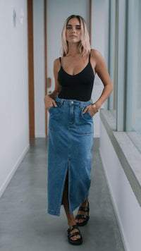 Stretch Split Front Denim Skirt