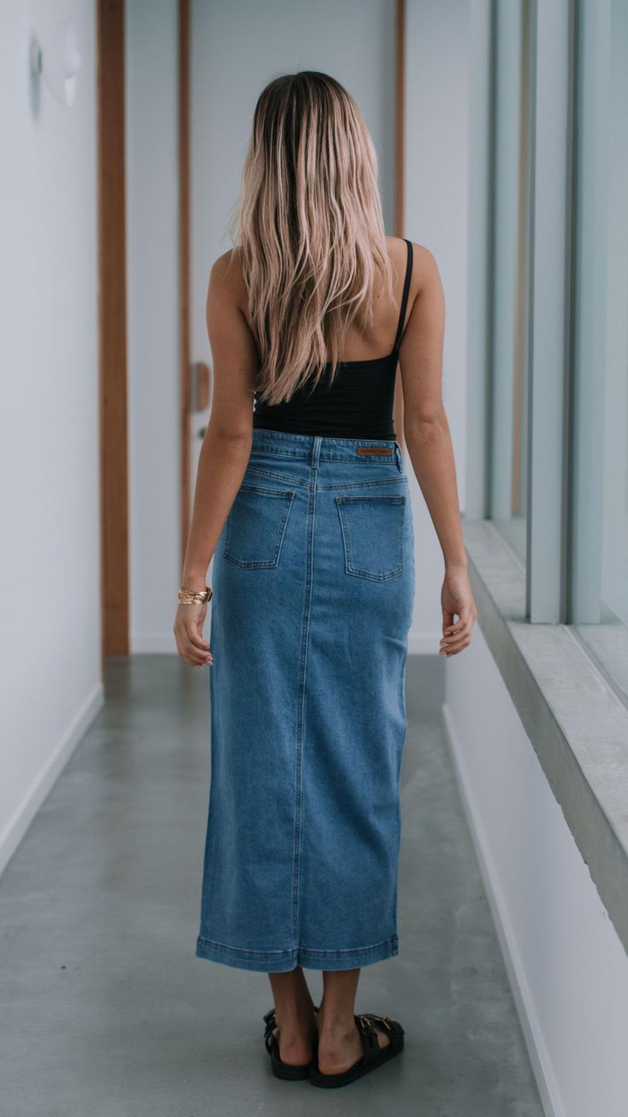 Stretch Split Front Denim Skirt