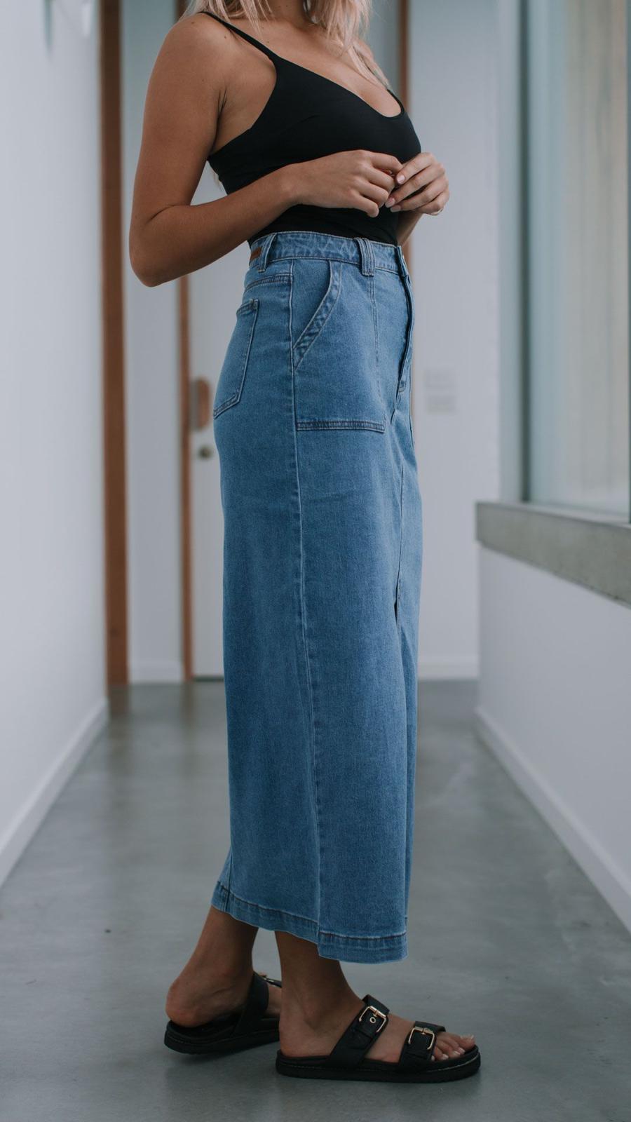 Stretch Split Front Denim Skirt