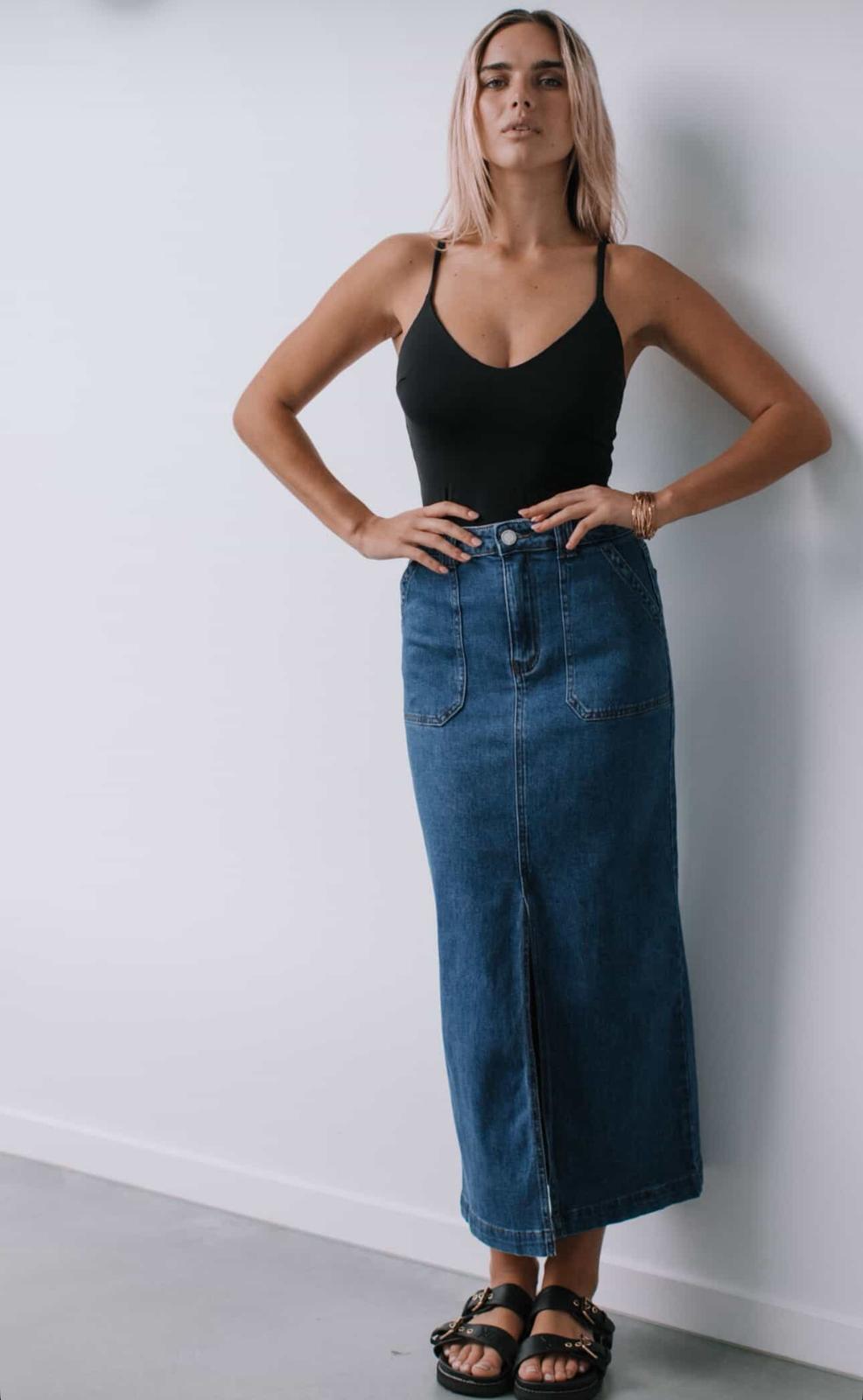 Stretch Split Front Denim Skirt - Mid Blue