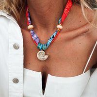 Neon Bandana Scarf Necklace with Nautilus Shell