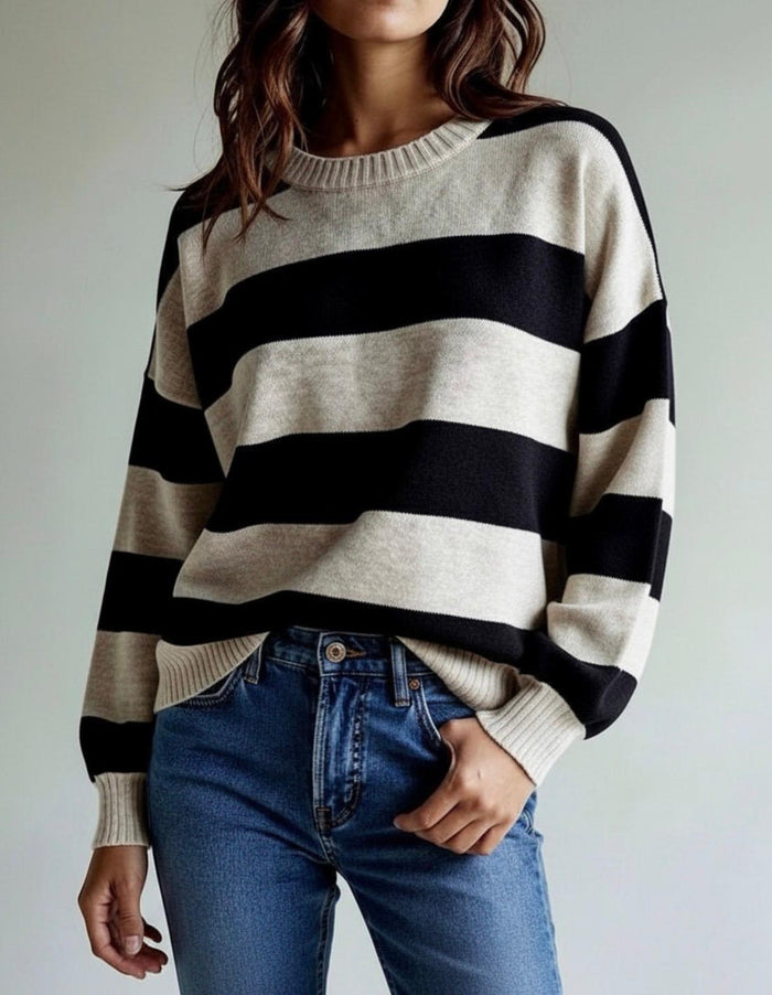 Wool Blend Slouch Crew Neck Stripe Brady Bunch Knit - Choc/Natural
