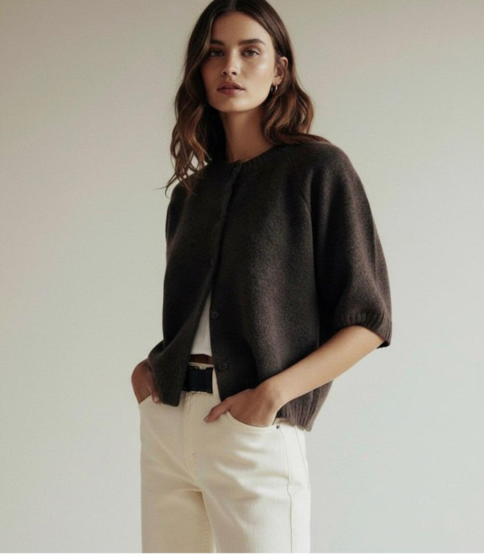 Wool Blend 3/4 Sleeve Lennox Cardi - Chocolate
