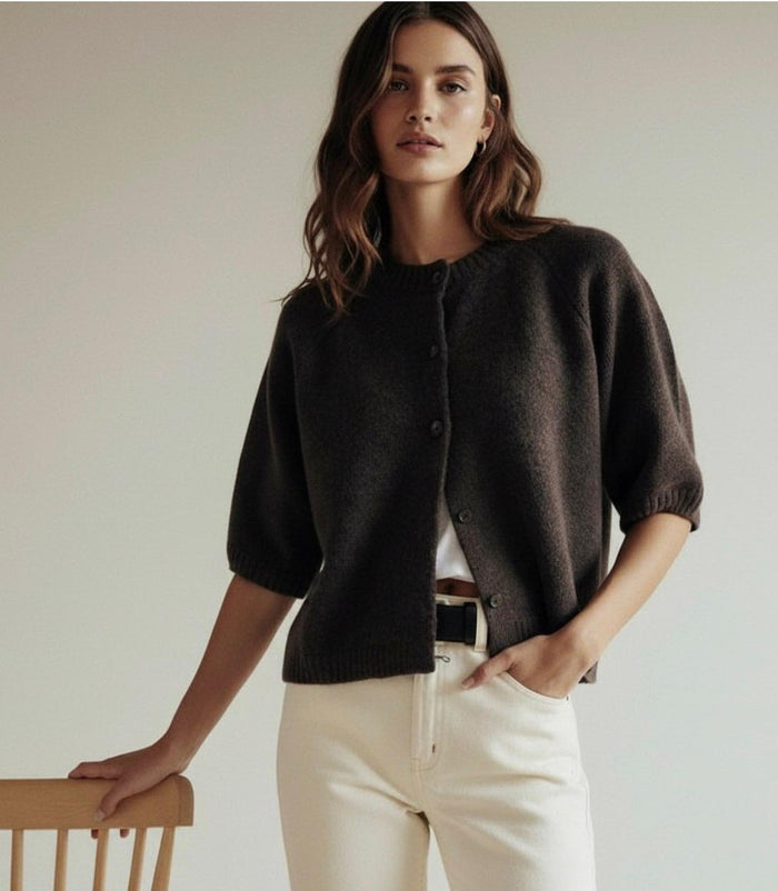 Wool Blend 3/4 Sleeve Lennox Cardi - Chocolate