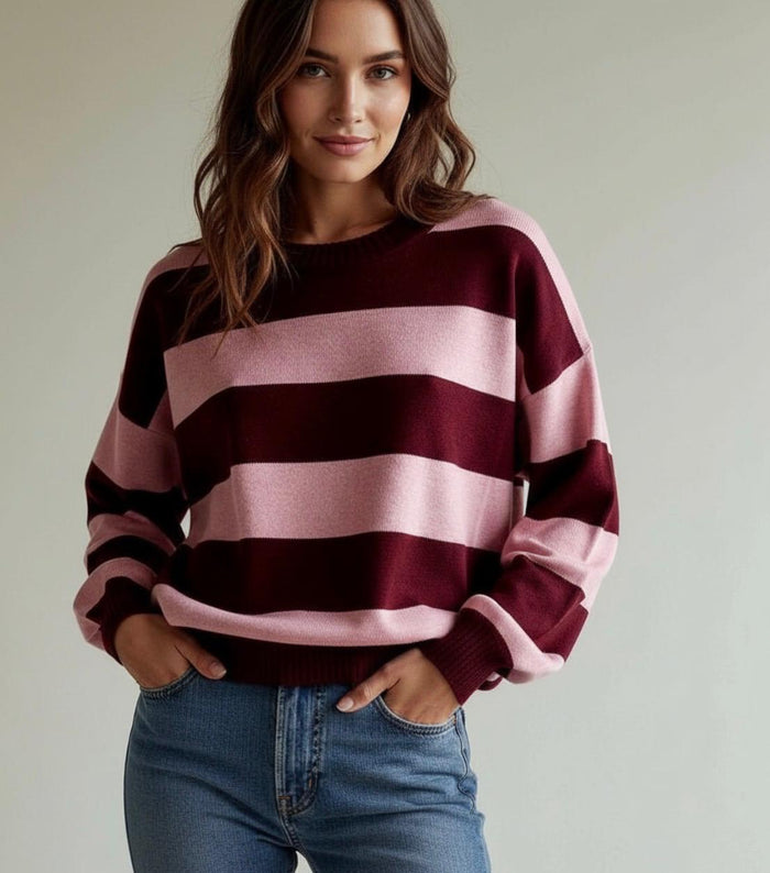 Wool Blend Slouch Crew Neck Stripe Brady Bunch Knit - Wine/Pink